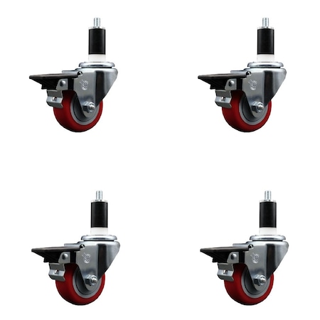 Service Caster 3'' Red Poly Swivel 1-3/8'' Expanding Stem Caster Set with Brake, 4PK SCC-EX20S314-PPUB-RED-PLB-138-4